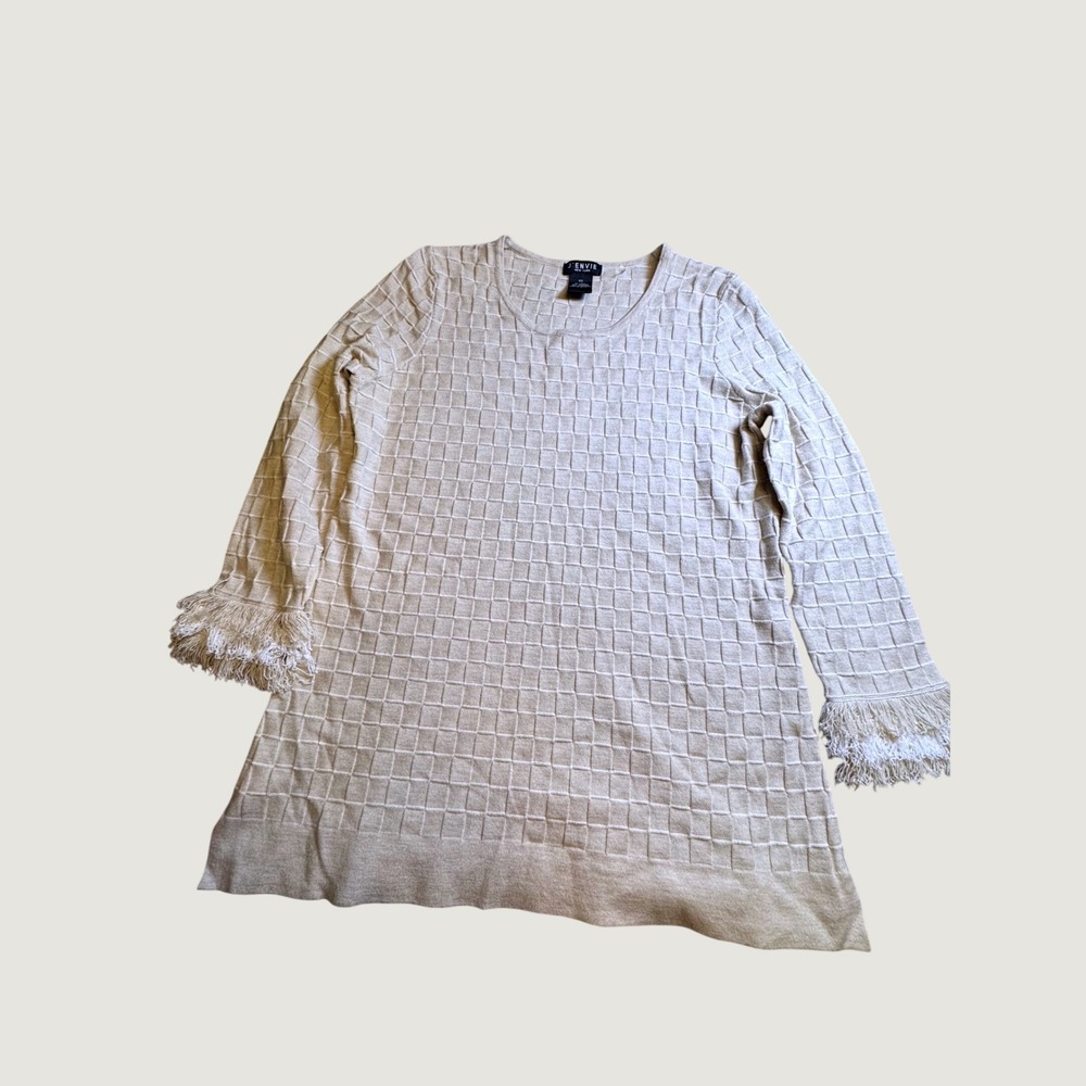 J'Envie New York Beige Grid Knit Tunic Top Fringe Cuff Viscose Blend XS